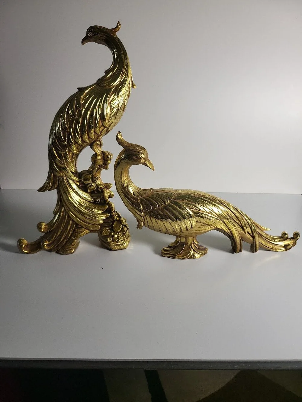 Vintage Syroco Gold Pheasants Birds Figurine Pair USA Peacock Hollywood Regency
